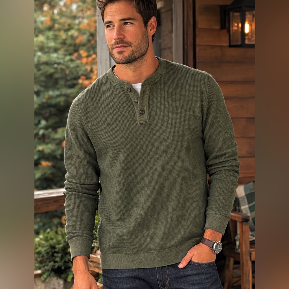 GH Bass Earth Forest Green Waffle Knit Henley Sweater Men’s Medium Outdoor